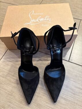 Christian Louboutin Black Suede Pointed Ankle-Strap Pumps